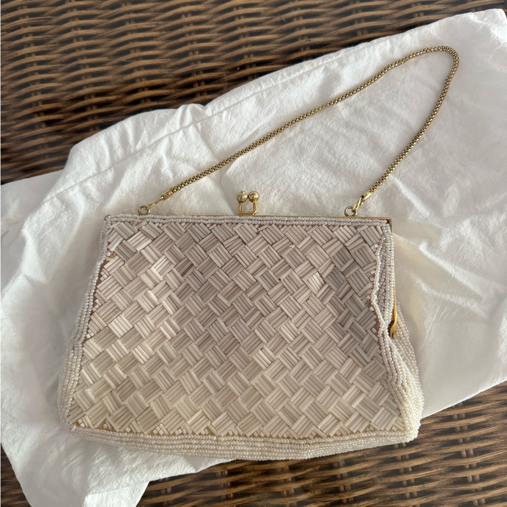 Vintage Elegant Cream Beaded Clutch Bag